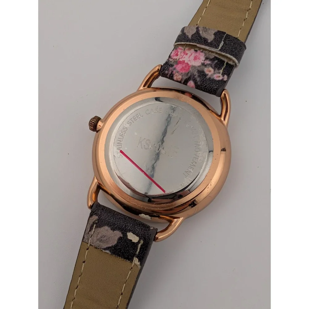 Kessaris Watch Women 33mm Rose Gold Case MOP Dial Floral‎ Band- New Battery